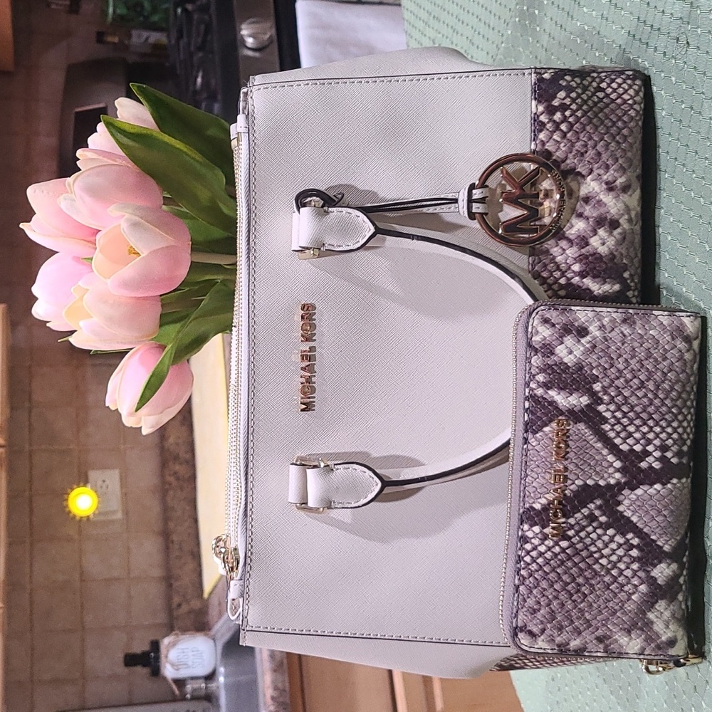 BUNDLE - Michael KORS Python & Leather Large Satchel & Wallet